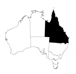 Vector map of the state of Queensland highlighted highlighted in black on the map of Australia.
