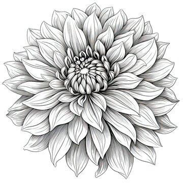 Black and white dahlia flower drawing illustration with line art on white backgrounds. Generative AI