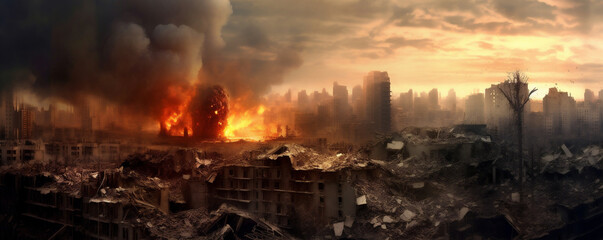 A Burning and Destroyed City, Representing War Destruction and Disaster, Generative AI