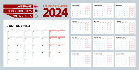Wall calendar planner 2024 in English, week starts in Monday.