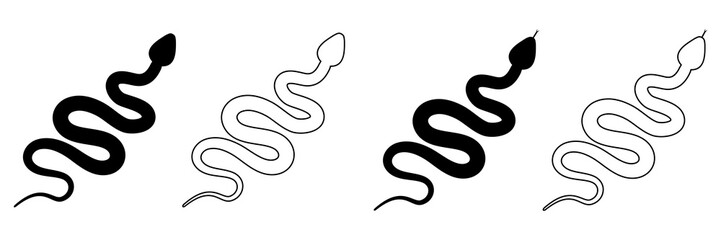 Snakes set. Serpent line and silhouette animals collection. Vector illustration isolated on white.