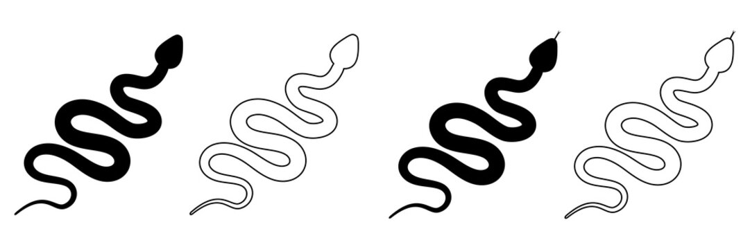 Snakes set. Serpent line and silhouette animals collection. Vector illustration isolated on white.