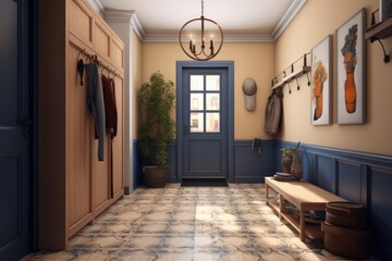 Modern mudroom interior, entrance hall in house, home storage space. Generative AI