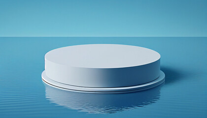 Round white podium floating in blue water, Generative AI