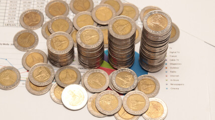 Pile of money or coins with graph paper is the background,Business growth concept,Concept for account and finance, Thai baht coins concept 