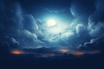 Naklejka premium Flying over deep night clouds with moonlight