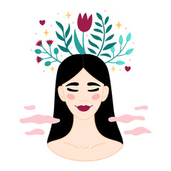 Obraz na płótnie Canvas Mental health concept. Smiling Asian woman accepts, loves herself. Girl feels relaxed, confident. Flowers grow from the woman head. Happiness, harmony, positive thinking, self care concept.