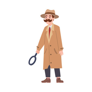 Vector isolated illustration of man with mustache in coat and hat stands with magnifying glass on white background, Private detective agency