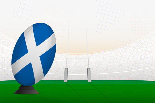 Scotland national team rugby ball on rugby stadium and goal posts, preparing for a penalty or free kick.