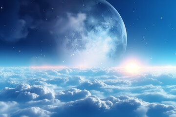 Obraz premium Flying over deep night clouds with moonlight