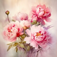 Wedding floral composition. Watercolor peony flowers illustration. Generative AI