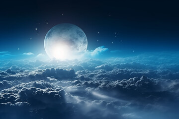 Flying over deep night clouds with moonlight