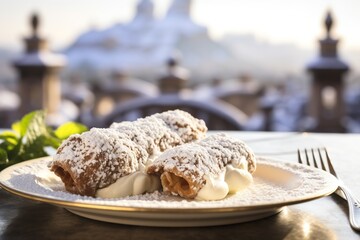 cannoli on a plate, with sweet ricotta cream, in a Sicilian scene with a blurred background. - obrazy, fototapety, plakaty