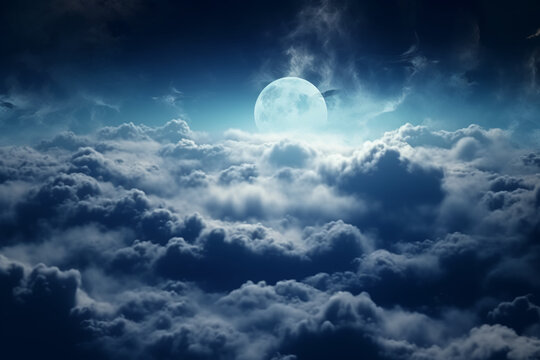 Flying over deep night clouds with moonlight