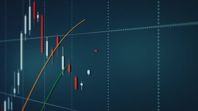 Stock exchange, chart and lines. Screen with candle stick chart and moving averages. Business and finance, stock market trading and investment research concept.