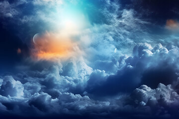 Flying over deep night clouds with moonlight