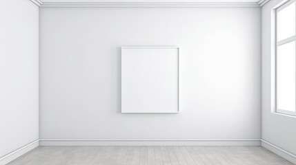 Naklejka na ściany i meble Empty white wall with blank canvas frame minimalist interior mockup concept, Generative AI