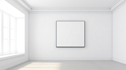 Naklejka na ściany i meble Empty white wall with blank canvas frame minimalist interior mockup concept, Generative AI