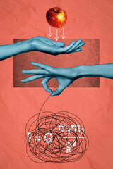 Composite collage image of hands holding apple tangled string smart scientists discover physics...
