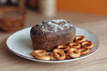 bread for bagels on a plate in the kitchen