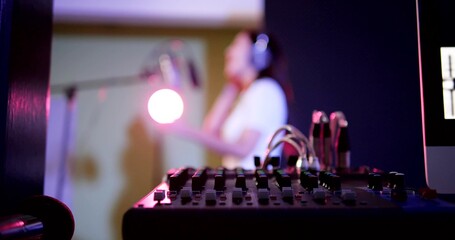 Sound system mixing audio equipment board in studio recording. Electronic sound mixer. Music and...