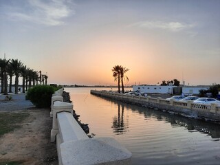 A beautiful view of the sunset at Jeddah Corniche in the evening.

