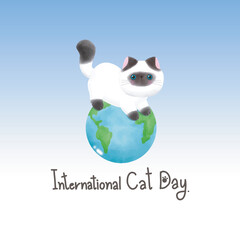 Cute cat international cat day kitten and world watercolor style vector illustration on poster background