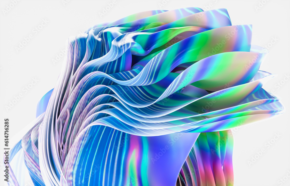 Poster abstract geometric crystal background with iridescent holographic texture. curve. cloth. 3d renderin
