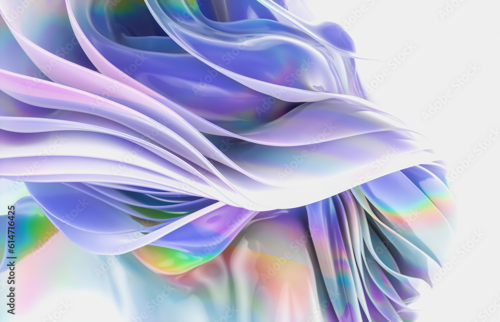 Poster Abstract geometric crystal background with iridescent holographic texture. curve. cloth. 3d rendering.