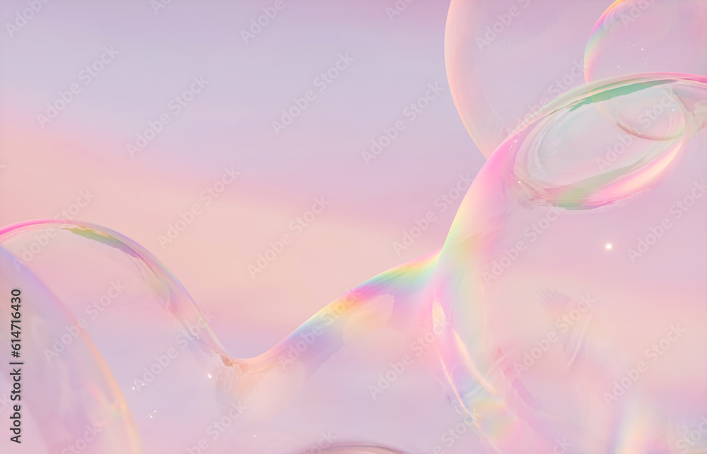 Leinwandbilder Abstract 3d art with holographic soap bubbles floating on sky background. fluid. liquid blobs. 
