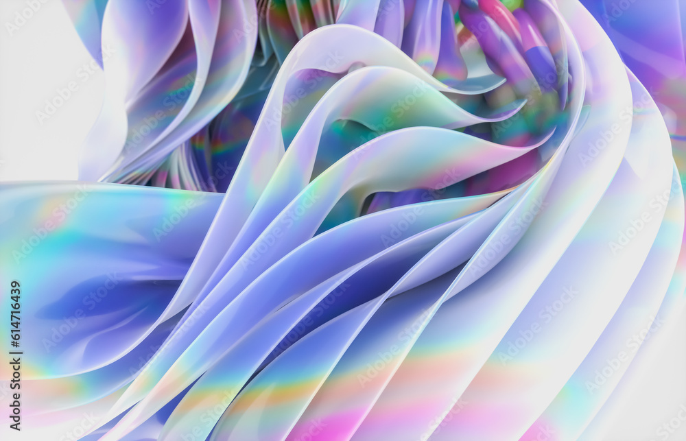 Poster Abstract geometric crystal background with iridescent holographic texture. curve. cloth. 3d rendering.