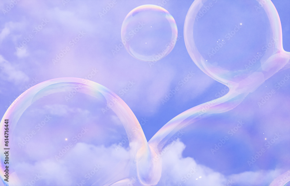 Poster Abstract 3d art with holographic soap bubbles floating on sky background. fluid. liquid blobs. 