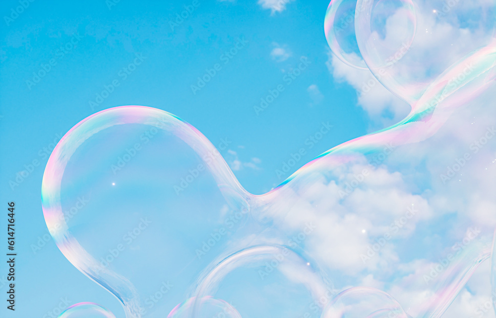 Aufkleber Abstract 3d art with holographic soap bubbles floating on sky background. fluid. liquid blobs. 