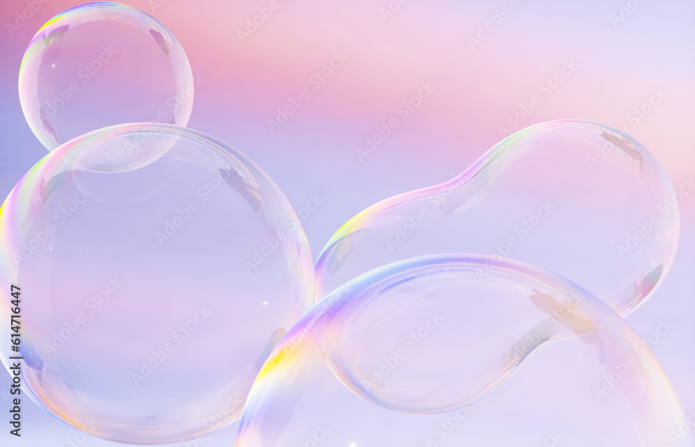 Aufkleber Abstract 3d art with holographic soap bubbles floating on sky background. fluid. liquid blobs. 