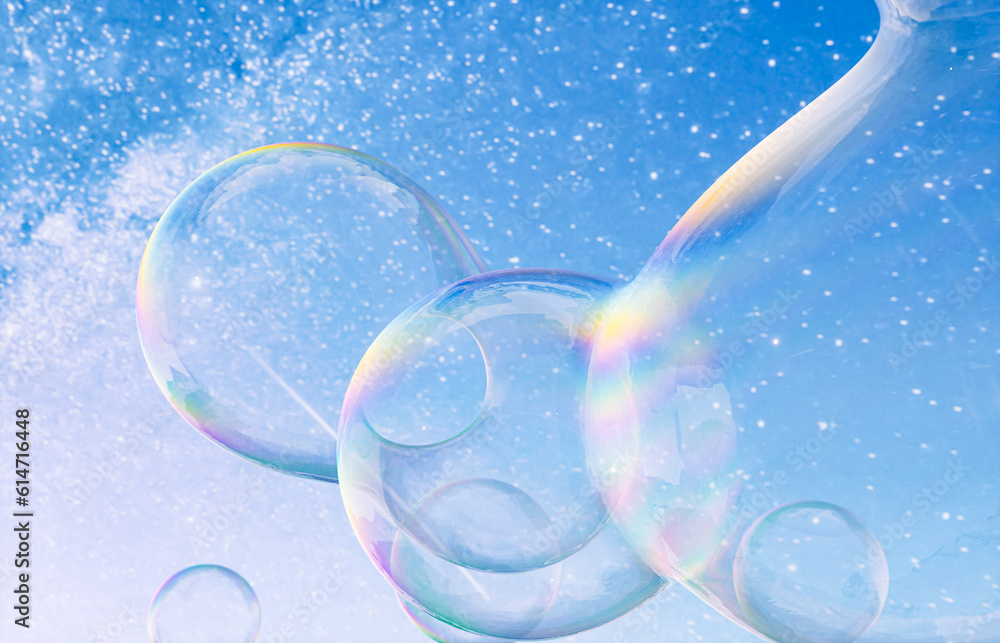 Leinwandbilder Abstract 3d art with holographic soap bubbles floating on sky background. fluid. liquid blobs. 