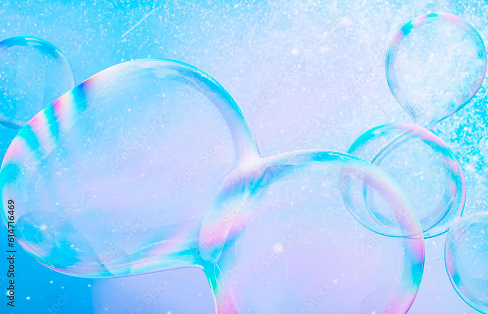 Poster Abstract 3d art with holographic soap bubbles floating on sky background. fluid. liquid blobs. 