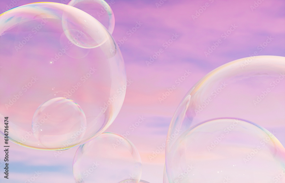 Poster Abstract 3d art with holographic soap bubbles floating on sky background. fluid. liquid blobs. 