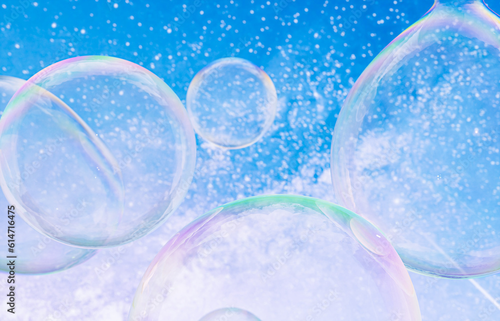 Aufkleber Abstract 3d art with holographic soap bubbles floating on sky background. fluid. liquid blobs. 