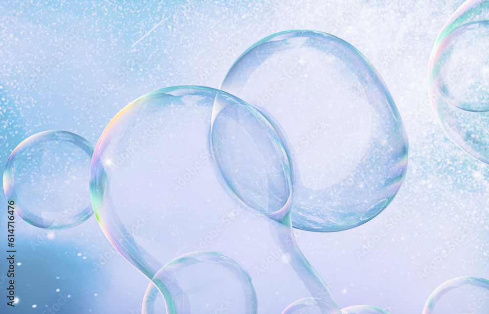 Poster Abstract 3d art with holographic soap bubbles floating on sky background. fluid. liquid blobs. 