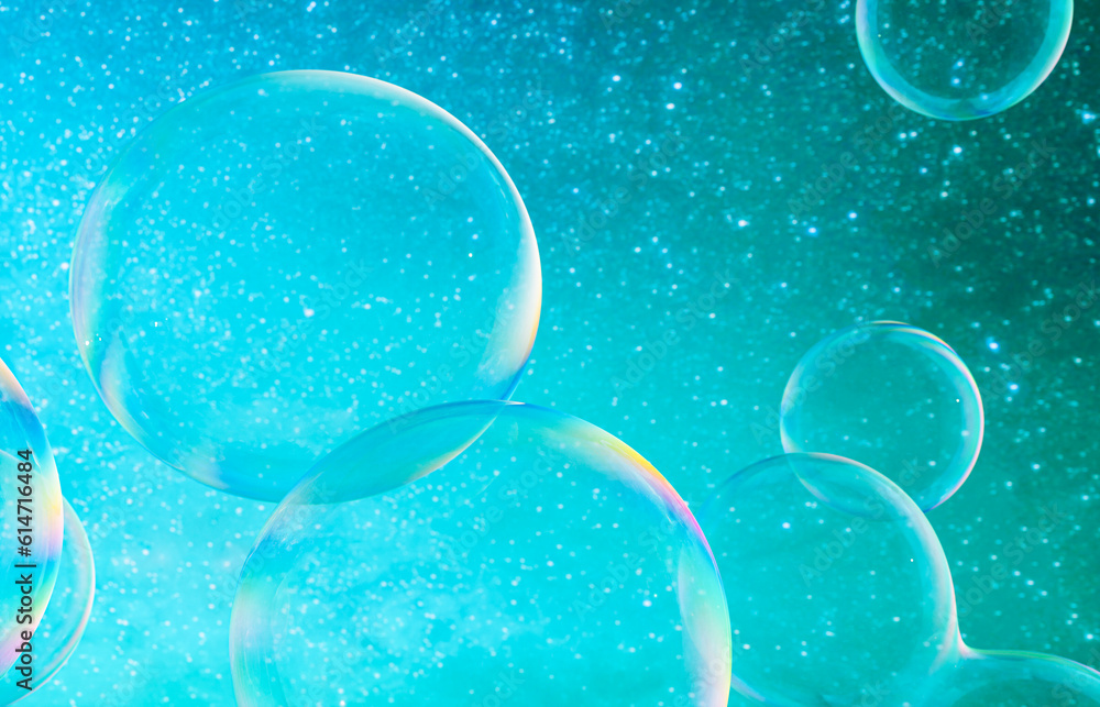 Aufkleber Abstract 3d art with holographic soap bubbles floating on sky background. fluid. liquid blobs. 