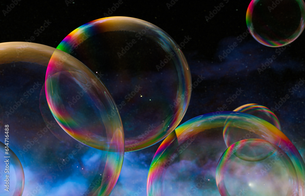 Poster Abstract 3d art with holographic soap bubbles floating on sky background. fluid. liquid blobs. 