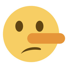 Lying Face emoji vector icon. A yellow face with raised eyebrows, enlarged eyes, slight frown, and long nose, indicating it’s telling a lie in the manner of Pinocchio.
