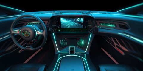 Obraz na płótnie Canvas Futuristic Car interior in style of starship front panel smart technology , Generative AI