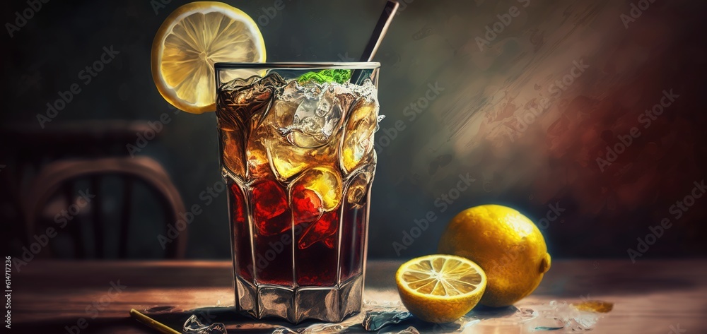 Poster cafe table with a cola float, ice, and a lemon.