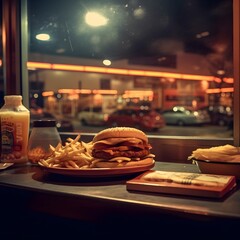 Fast food restaurant at night. Hamburger, french fries and drink-Generative AI