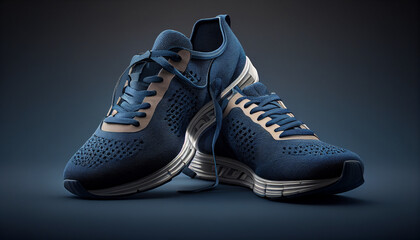 Pair of sneakers, a pair of textile blue trainers with laces floats in the air, Generative AI