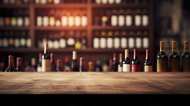 Wine wooden table background. Blurred wine shop with bottles