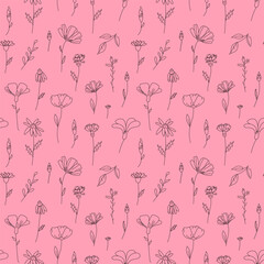 Seamless pattern of wild plants and flowers in doodle style. Vector illustration on a pink background for decor and wrapping paper