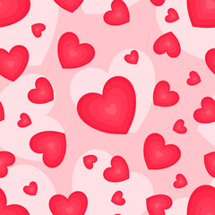 Cute red hearts seamless pattern. Endless or repeated texture with bright hearts on pastel pink background. Vector illustration