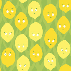 colorful vector hand drawn messy lemon fruits summer seasonal seamless repeat pattern on green background with leaf shapes - 614718054
